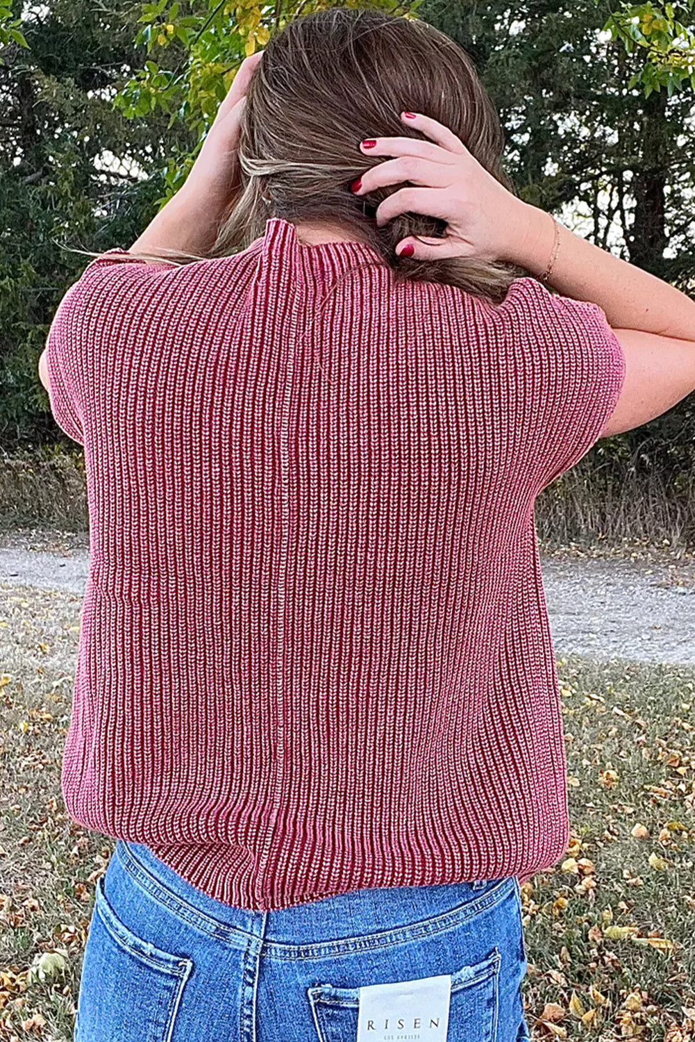 Red Dahlia Mineral Wash Ribbed Knit Patched Pocket Short Sleeve Loose Sweater