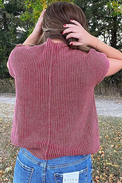 Red Dahlia Mineral Wash Ribbed Knit Patched Pocket Short Sleeve Loose Sweater