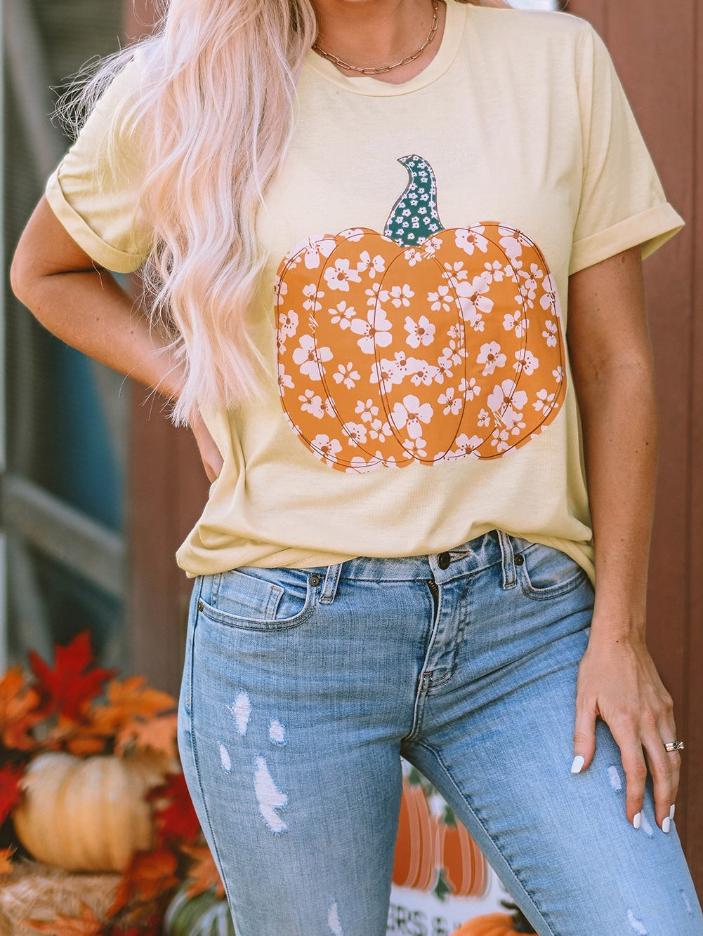 Floral Pumpkin Print Khaki Graphic Tee