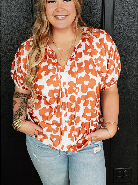 Orange Floral Print Plus Size V Neck Short Sleeve Blouse with Drawstring
