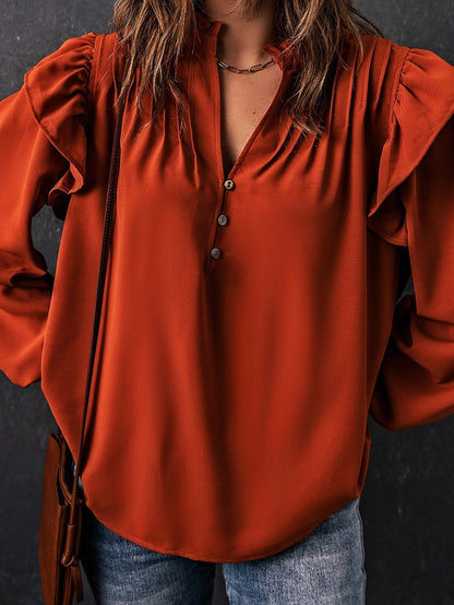 Elegant Brown V-Neck Ruffle Pleated Blouse