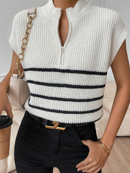 Elegant White Striped Half Zip Stand Neck Sweater Tee