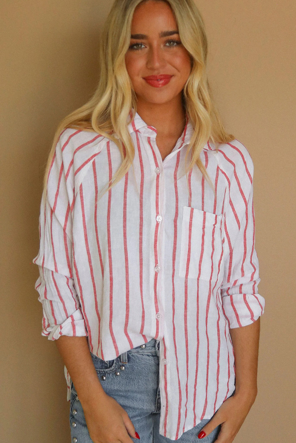 Red Stripe Vintage Print Single Chest Pocket Long Sleeve Shirt