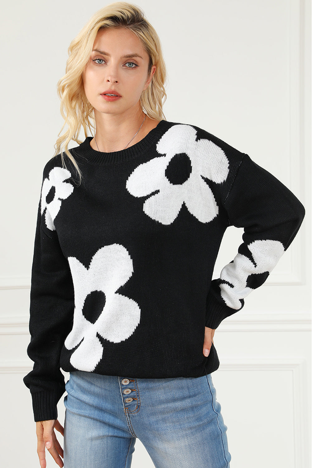 Elegant Black Floral Knit Sweater