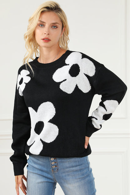 Elegant Black Floral Knit Sweater