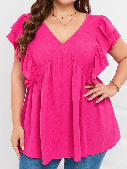 Pretty in Pink V-Neck Ruffle Tunic Top with Tie Back
