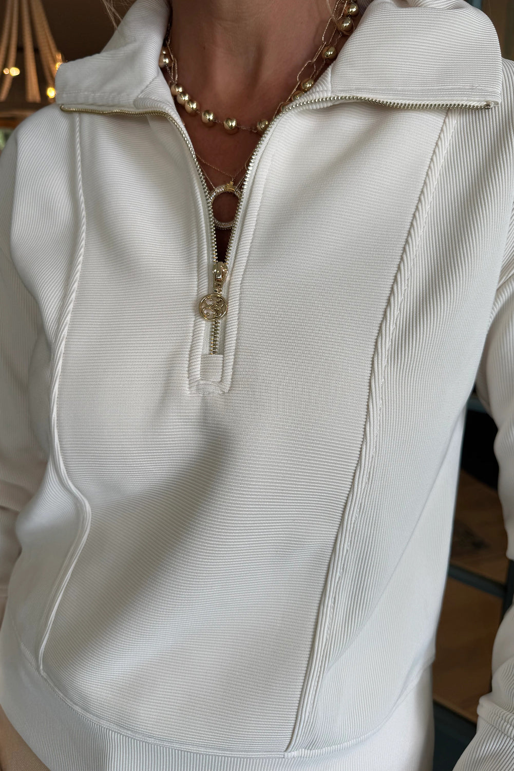 White Zip up Polo Collared Ribbed Sweatshirt