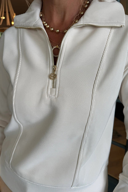 White Zip up Polo Collared Ribbed Sweatshirt