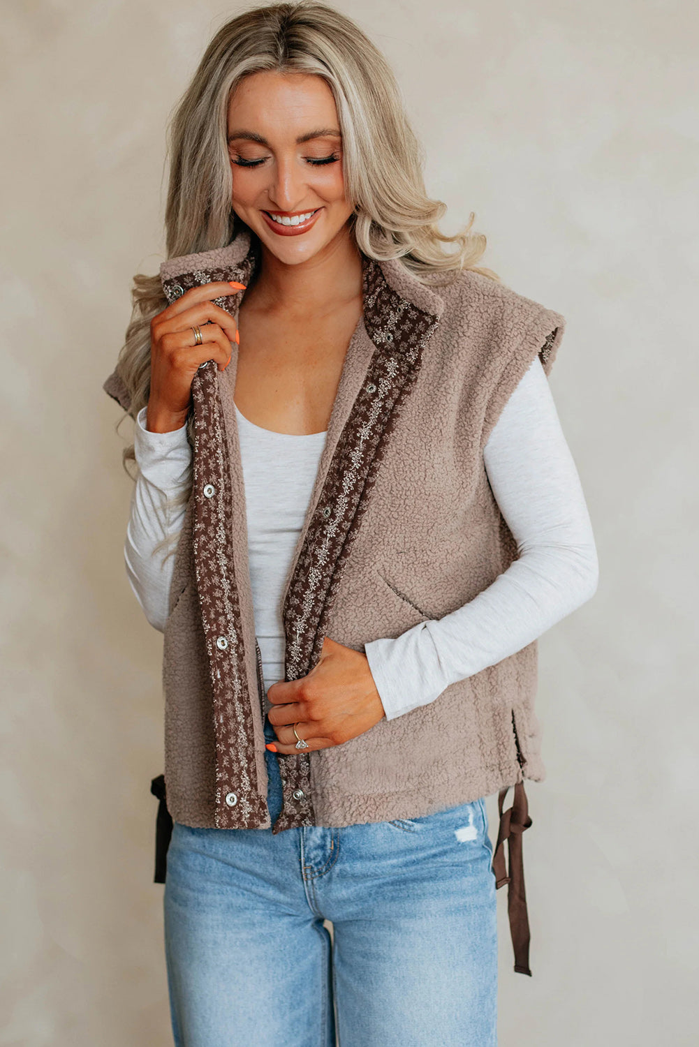 Goat Sherpa Pocketed Contrast Trim Button Down Drawstring Side Slit Vest