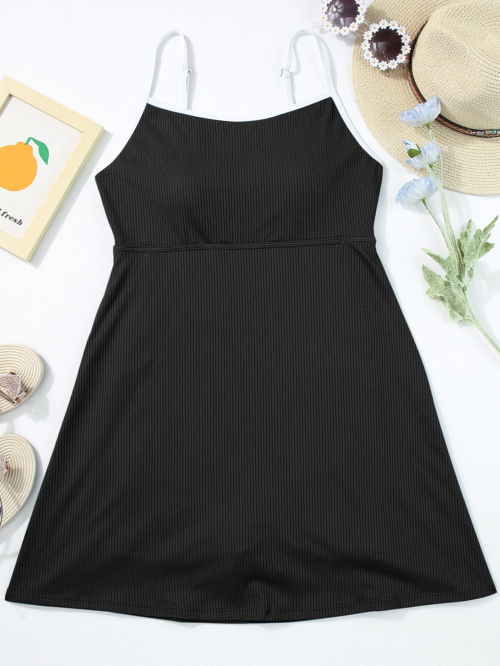 Sporty Black Ribbed Spaghetti Straps Swimdress with Flared Silhouette