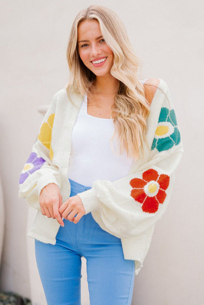 Elegant White Floral Jacquard Bubble Sleeve Knit Cardigan