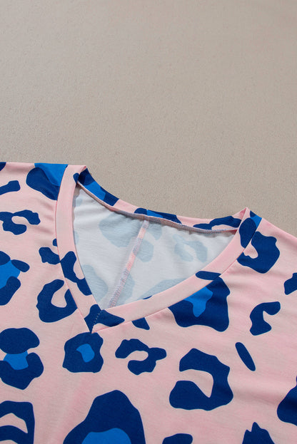 Pink Leopard Print Oversized V Neck Plus Size Tee