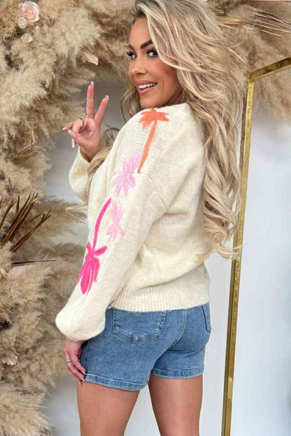 Beige Embroidered Floral Sleeve Round Neck Loose Sweater