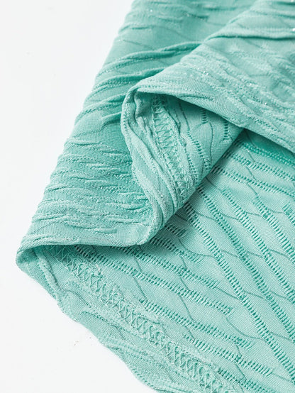 Green Textured V-Neck Casual Long Sleeve Blouse