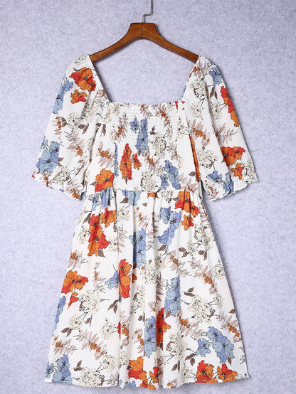 White Floral Smocked Flared Plus Size Dress