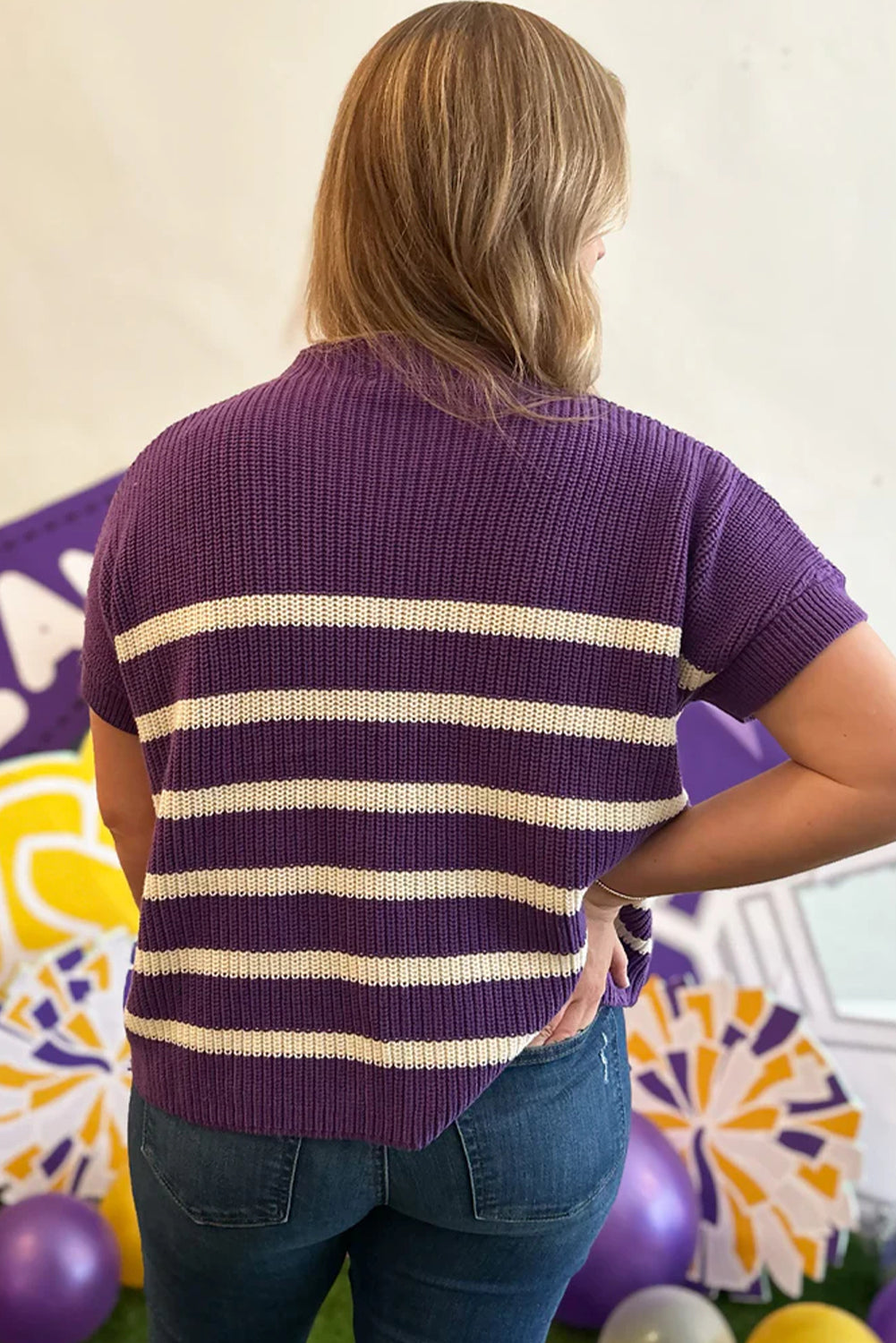 Purple Stripe Raw Edge Patched Pocket Short Sleeve Knit Sweater