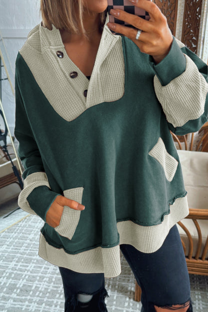 Blackish Green Waffle Contrast Patchwork Plus Size Pocketed Hoodie