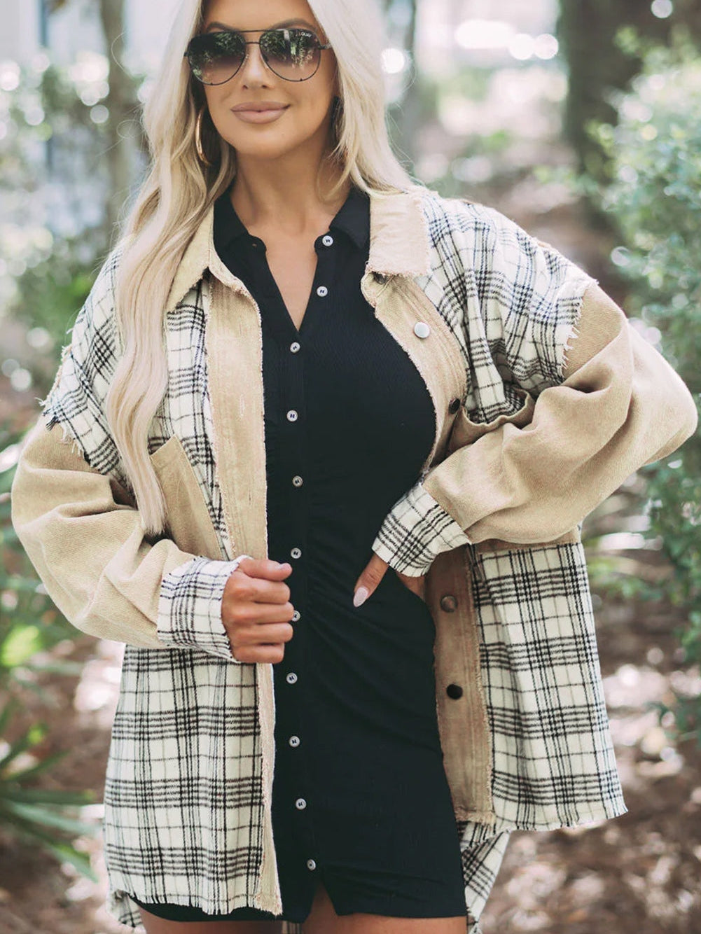 Khaki Plaid Patchwork Denim Shacket - Distressed Edges