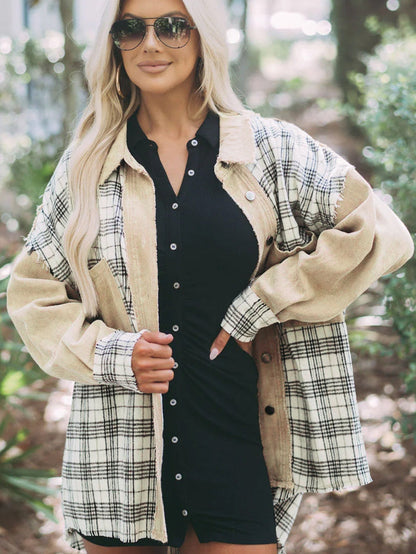 Khaki Plaid Patchwork Denim Shacket - Distressed Edges