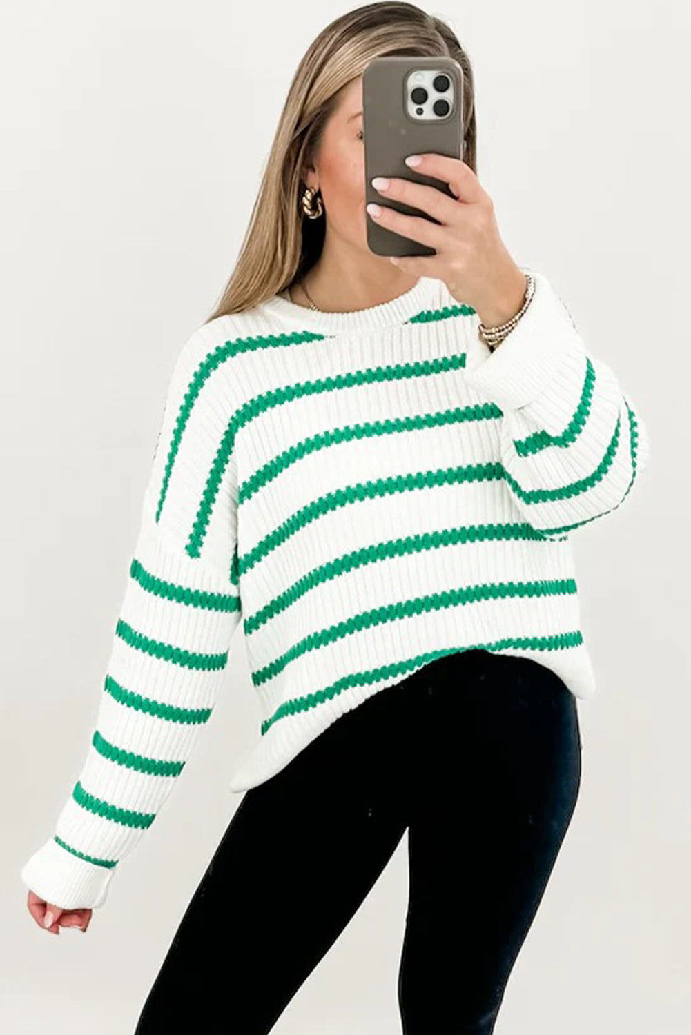 Green Stripe Ribbed Knit Drop Shoulder Loose Sweater