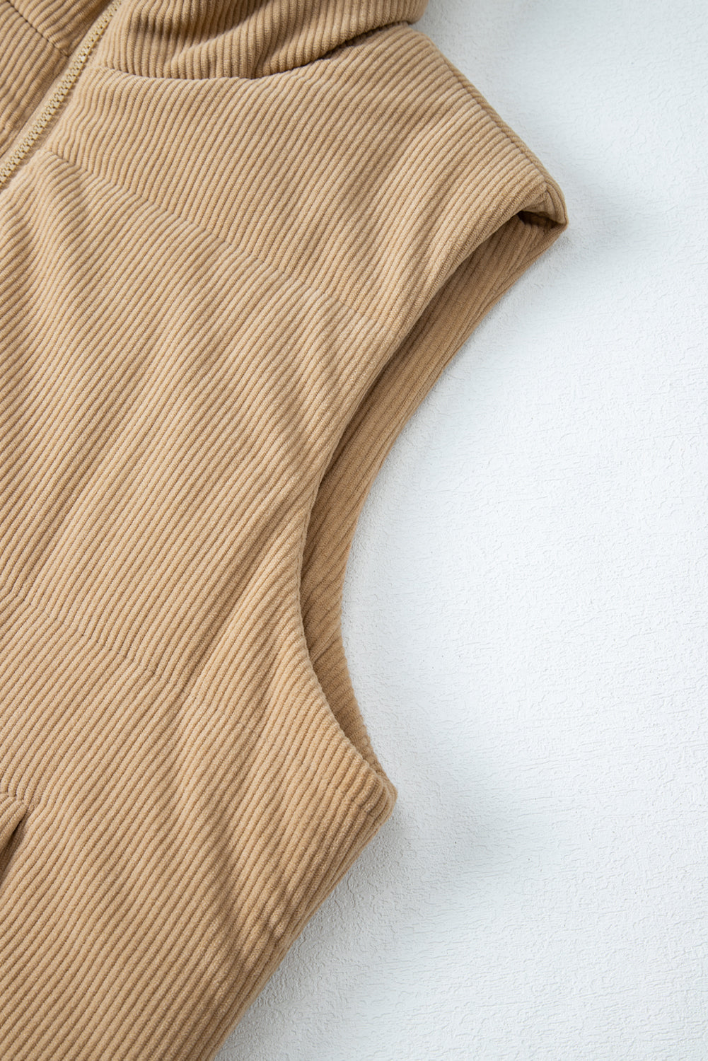 Light French Beige Corduroy Stand Neck Zipped Puffer Vest