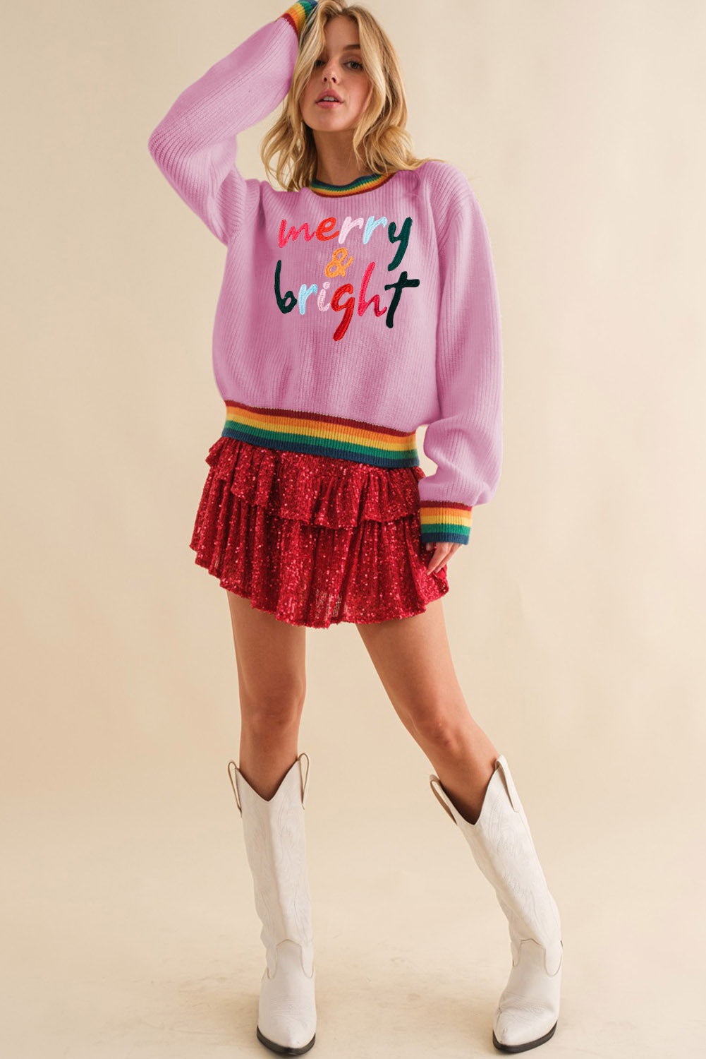 Festive Glitter Stripe Trim Casual Sweater