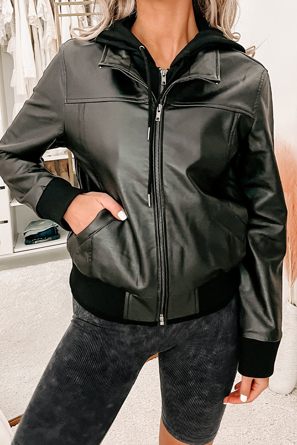 Black Faux Leather Patchwork Hooded Zip up Jacket