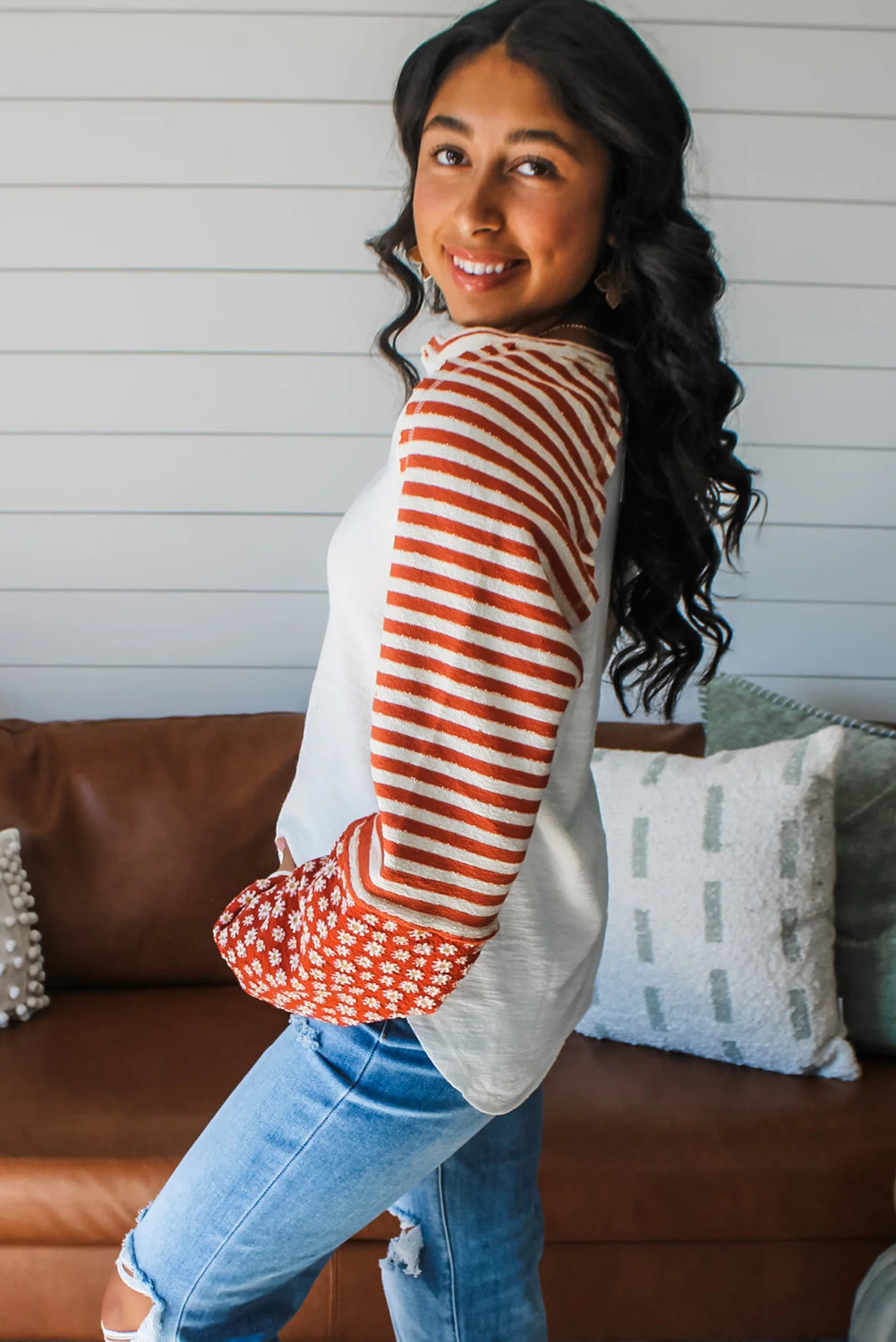 White Color Block Patchwork Striped Floral Long Sleeve Top