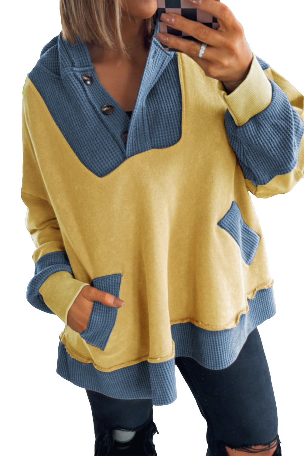 Banana Cream Waffle Contrast Patchwork Plus Size Pocketed Hoodie