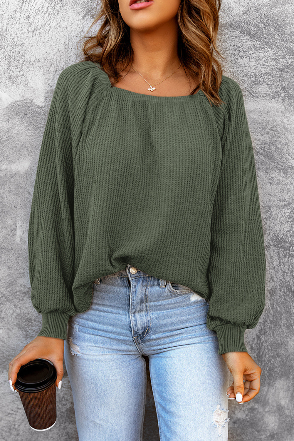 Green Square Neck Loose Fit Waffle Knit Long Sleeve Top