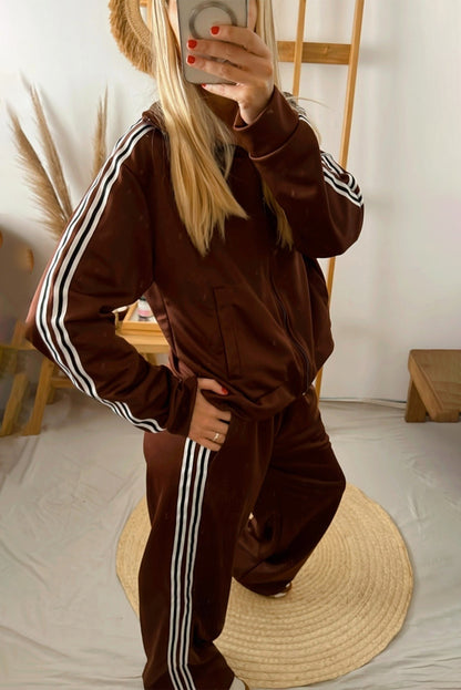Coffee Varsity Striped Detail Jacket and Loose Pants 2pcs Tracksuit