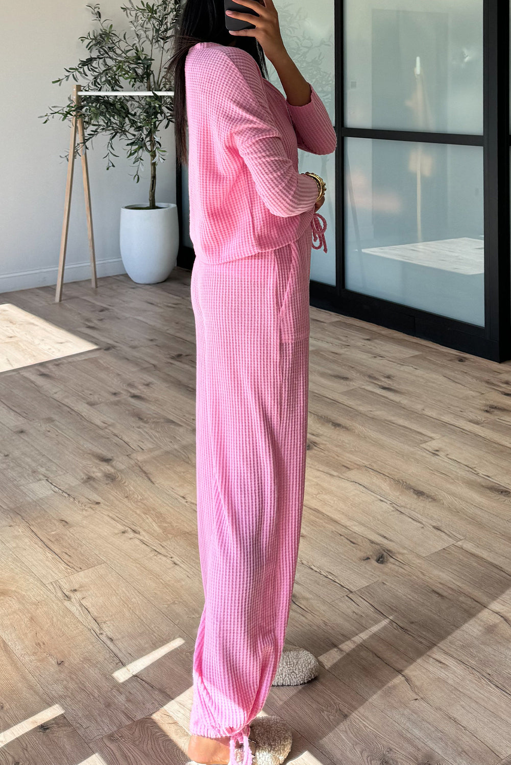 Sachet Pink Waffle Cropped Cardigan Tie Hem Wide Leg 2pcs Lounge Pant Set