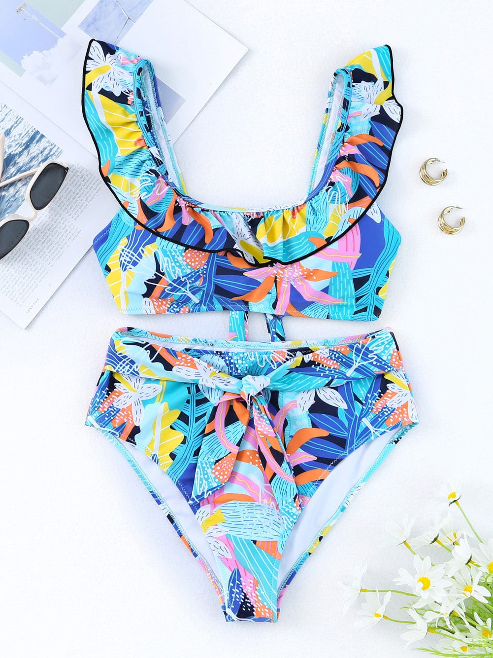 Green Floral Ruffle Square Neck High Waist Bikini Set