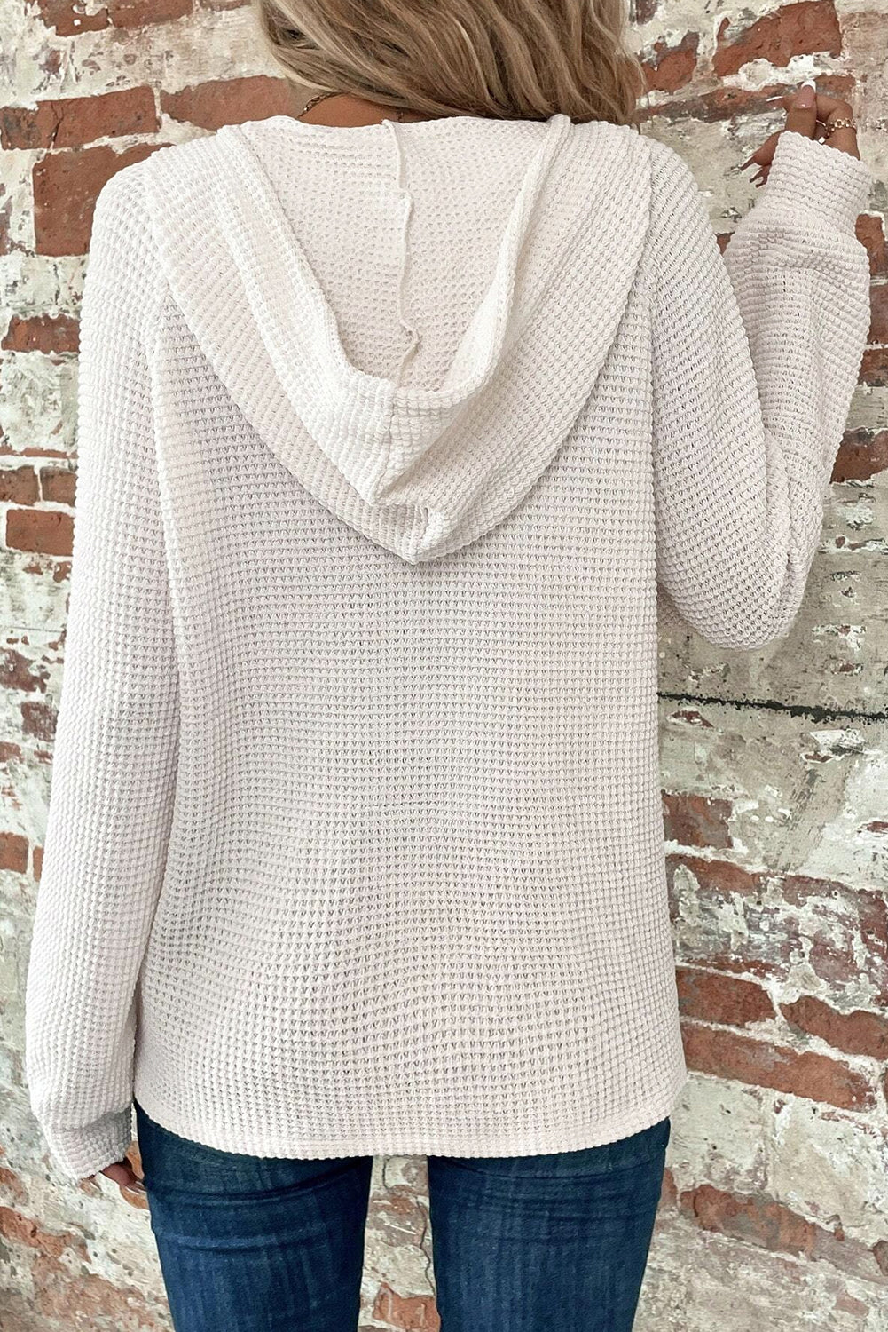White Thermal Waffle Knit Button V Neck Loose Drawstring Hoodie