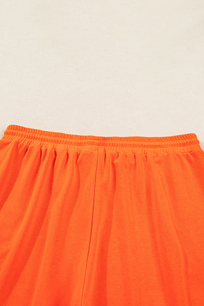 Orange Plus Size Varsity Striped Drop Shoulder Pullover Drawstring Elastic Waistband Short Set