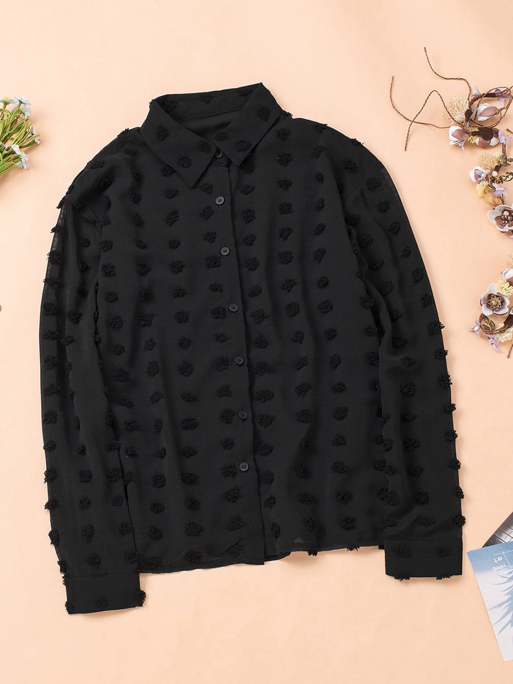 Elegant Black Polka Dot Fuzzy Button-Up Blouse
