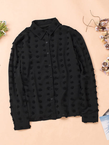 Elegant Black Polka Dot Fuzzy Button-Up Blouse