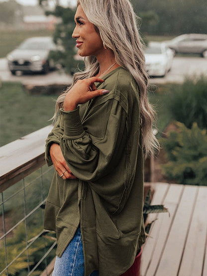 Green Patchwork Oversized Drop Shoulder Top