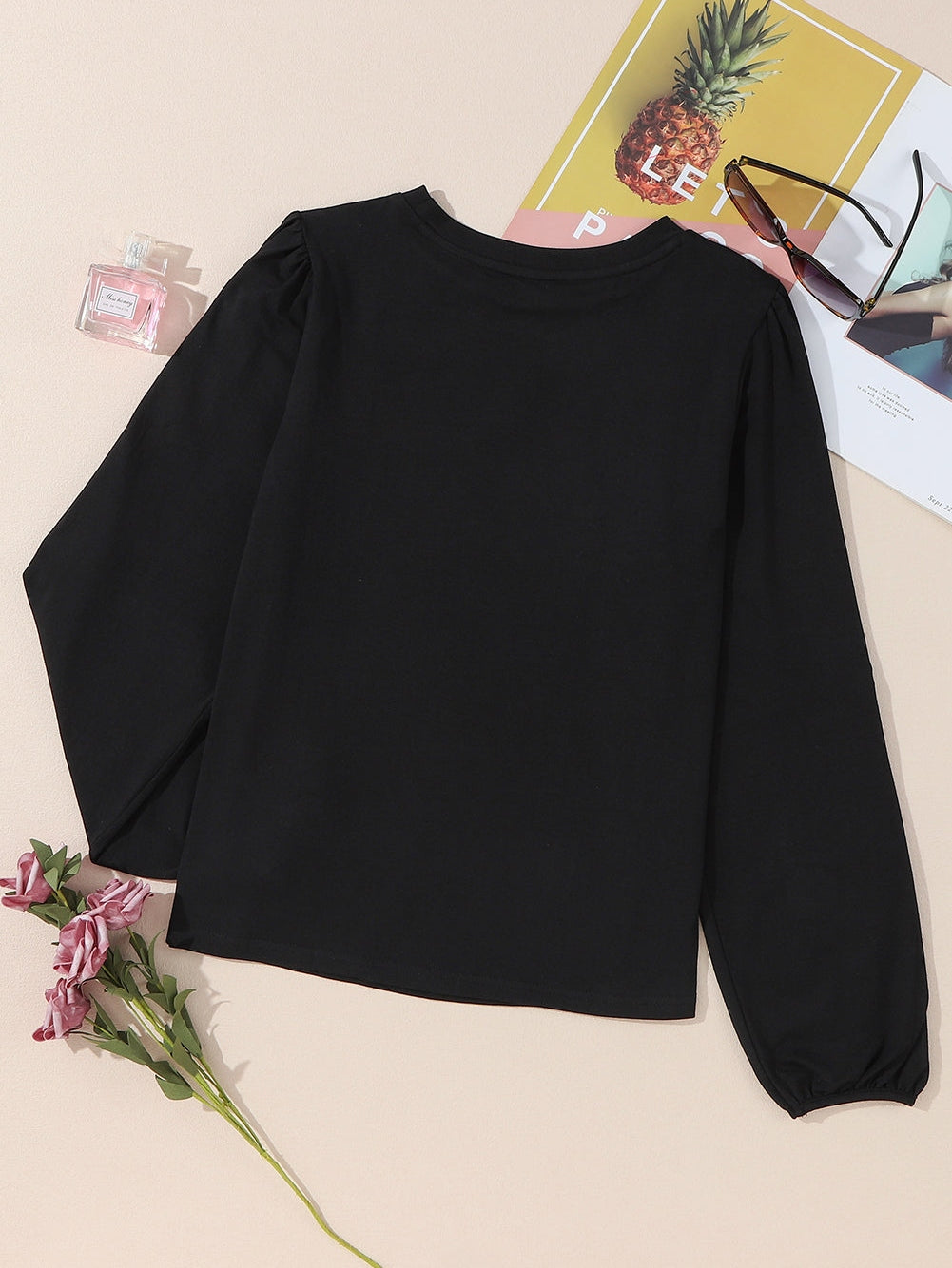 Elegant Black Floral Embroidered Blouse with Puff Sleeves
