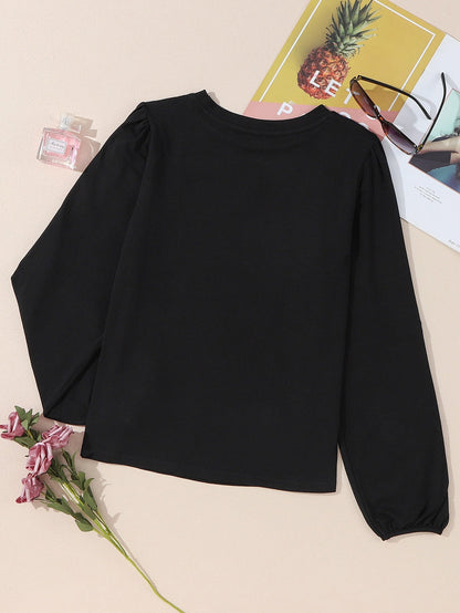 Elegant Black Floral Embroidered Blouse with Puff Sleeves