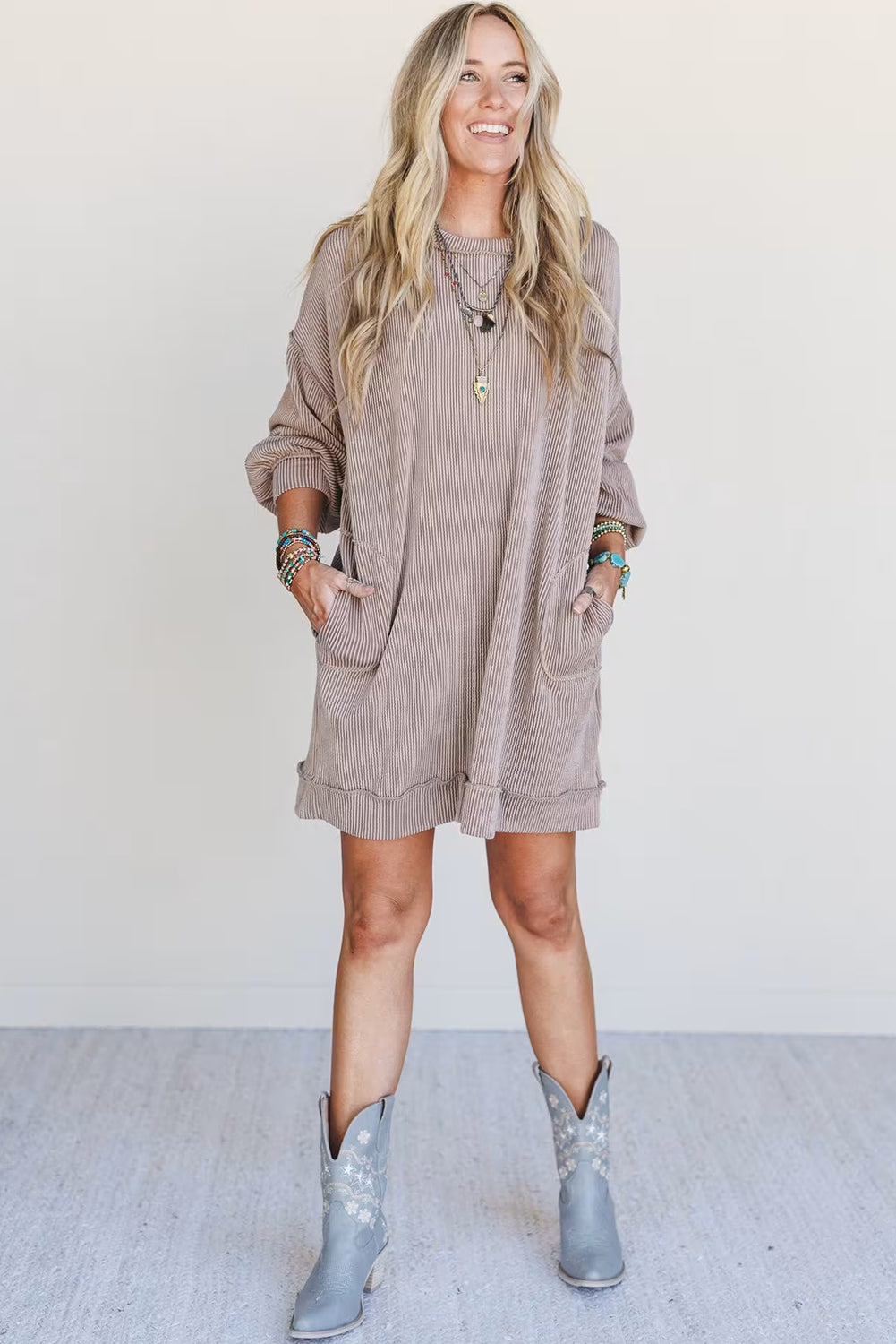 Smoke Gray Twisted Ribbed Exposed Seam Drop Shoulder Patch Pocket Loose Mini Dress
