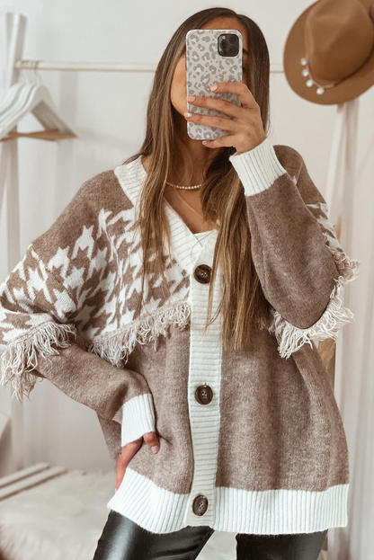Khaki Houndstooth Color Block V Neck Raw Edge Button Front Cardigan