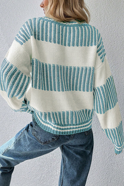 Light Blue Two Tone Striped Patchwork Drop Shoulder Loose Sweater