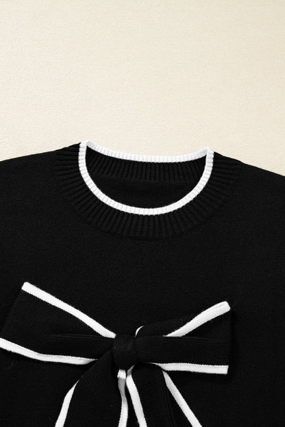 Black Contrast Trim Big Bow Accent Holiday Cropped Sweater