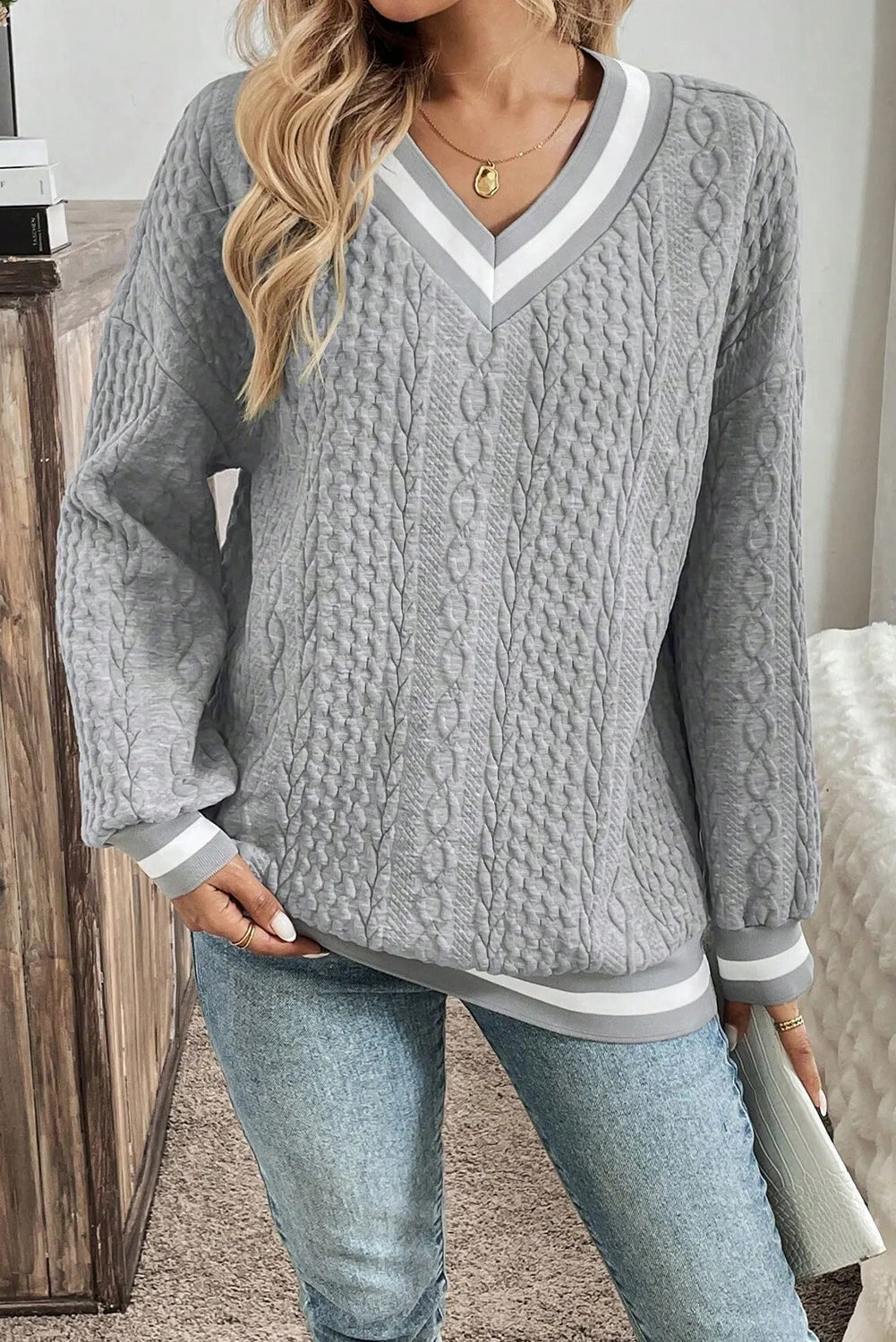 Gray Cable Textured Contrast Striped V Neck Drop Shoulder Sweatshirt
