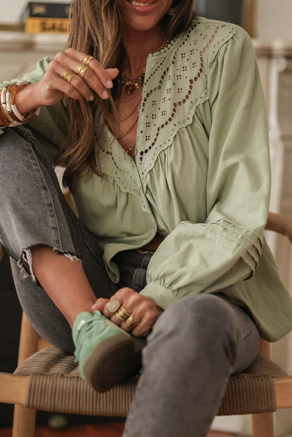 Laurel Green Eyelet Embroidered Patchwork Pintuck Long Sleeve Shirt