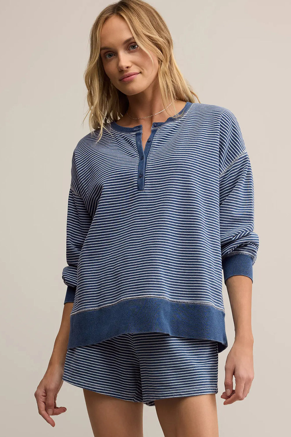 Blue Stripe Seam Detail Button Neck Loose Pullover Drawstring Short Set