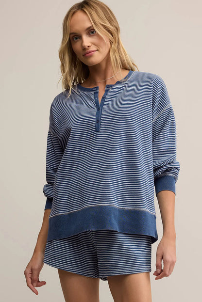 Blue Stripe Seam Detail Button Neck Loose Pullover Drawstring Short Set