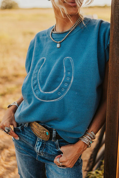 Light Blue Horse Shoe Embroidered Loose Short Sleeve Sweater