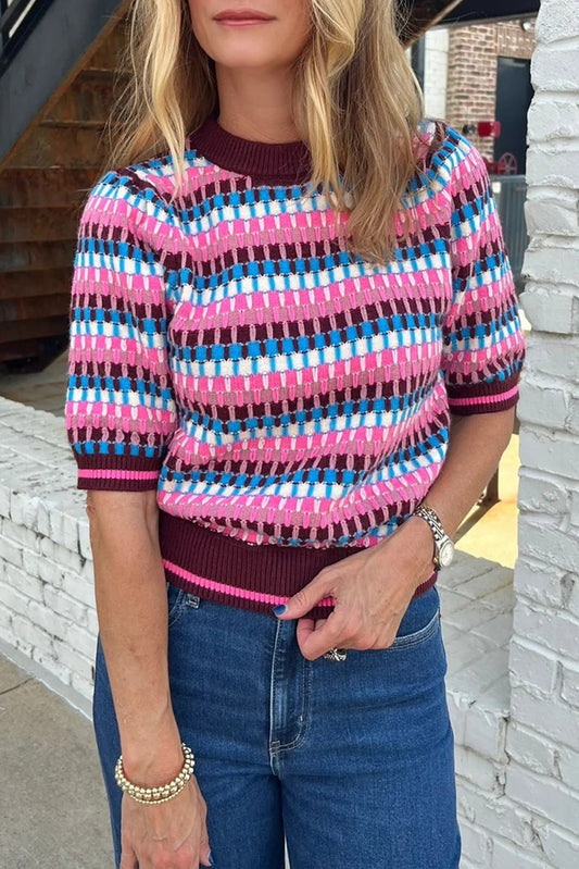 Pink Playful Stripe Knit Short Sleeve Sweater